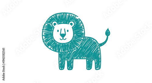 Cute Teal Lion Drawing, Minimalist Style, Isolated on White Background