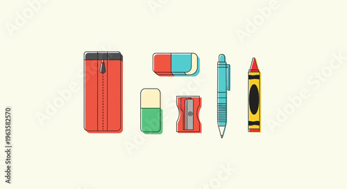 Colorful School Supplies: Erasers, Pencil Sharpener, Crayon and Pen