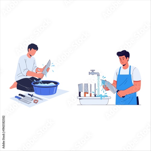 Men preparing and cleaning sharp knives with precision for the traditional Eid al-Adha sacrifice celebration