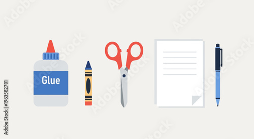 School Supplies Flat Lay: Glue, Crayon, Scissors, Paper, Pen on Light Background