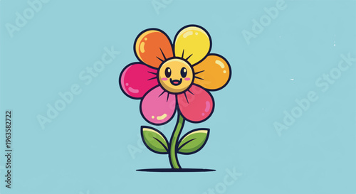 A happy, anthropomorphic flower with colorful petals on a light blue background