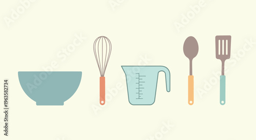 Kitchen Utensils: Bowl, Whisk, Measuring Cup, Spoon, Spatula - Flat Design