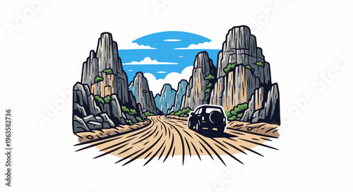 Off-road adventure through majestic, rocky mountain pass under blue sky