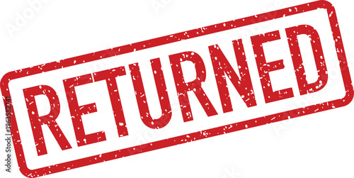 Red textured rubber stamp with the word RETURNED indicating an item has been sent back on a clean white surface