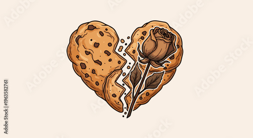 A heart-shaped cookie broken in half with a rose