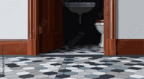 Open doorway reveals a toilet and sink in a dimly lit room with hexagonal tile flooring