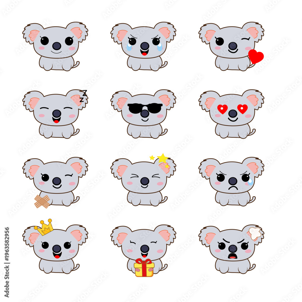Obraz premium Set of twelve colorful flat design koala character emojis with diverse emotions and expressions for digital chat and mobile app design.