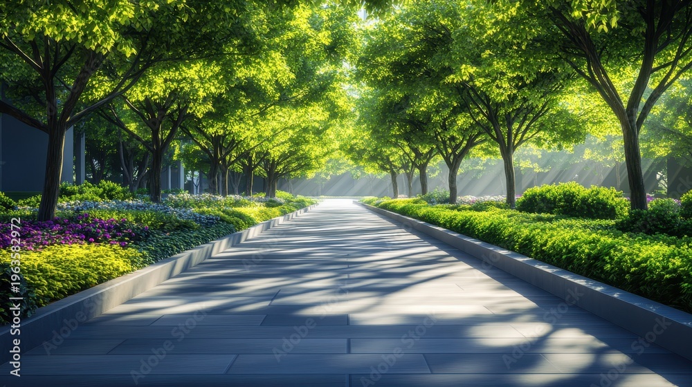Fototapeta premium Modern Urban Park Pathway Lined with Lush Green Trees and Sunlight Dappling the Ground