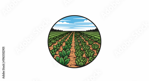 Circular illustration of a lush farm field with rows of green vegetables under a cloudy blue sky