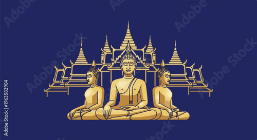 Golden Buddhas and ornate structures against a deep blue background