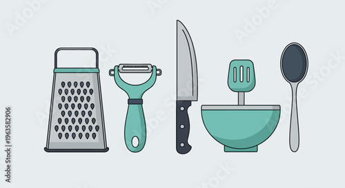 Kitchen Utensils Flat Design Vector: Grater, Peeler, Knife, Bowl, Spoon