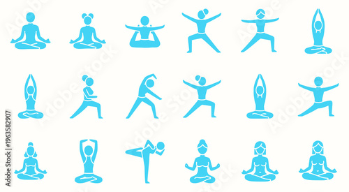 Collection of blue yoga poses and meditation