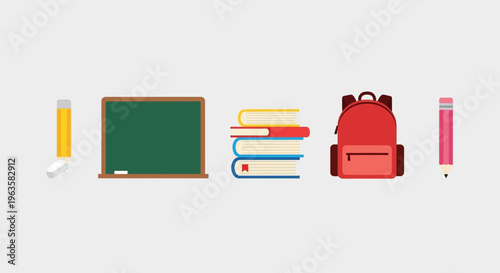School Supplies Flat Icons: Backpack, Books, Chalkboard, Pencil, Eraser