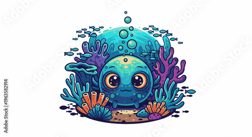 Cute cartoon octopus in vibrant coral reef with tiny fish swimming