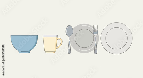 Simple Dinnerware Set: Bowl, Mug, Spoon, Fork, Plate on Light Background