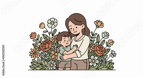 A mother hugs her child amidst a frame of blooming flowers