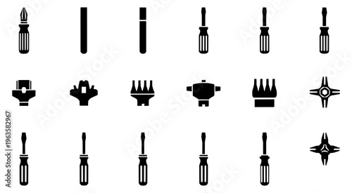 Black and white icons of various screwdrivers and bits