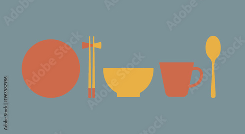 Minimalist Asian Tableware: Bowl, Chopsticks, Cup, Spoon, Plate