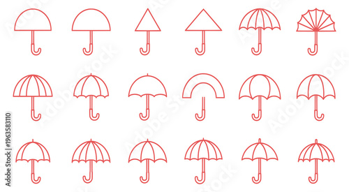 A collection of red umbrella icons in various shapes and styles