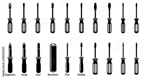 Black and white illustration of various screwdrivers