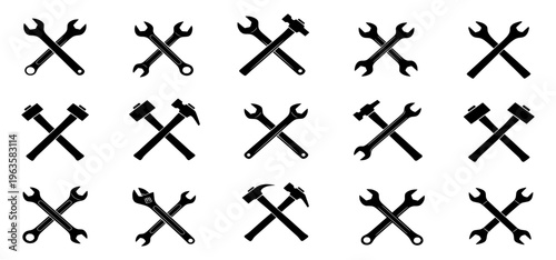 Black silhouette icons of crossed wrenches and hammers