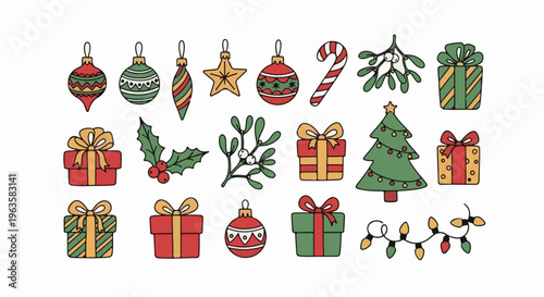 Christmas holiday icons presents, tree, ornaments, candy cane, mistletoe