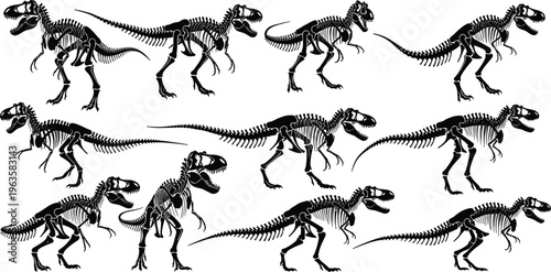 Black silhouette vector illustrations of Tyrannosaurus rex skeletons in multiple poses, prehistoric dinosaur anatomy designs for science, education, paleontology, and creative projects