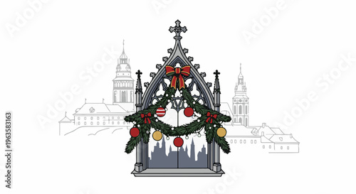 Gothic window with festive Christmas wreath and distant castle skyline