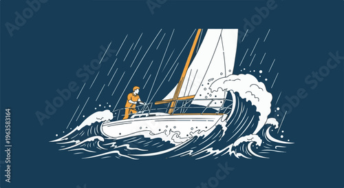 Person steers sailboat through stormy seas with large waves and rain