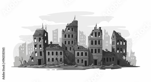 Grayscale illustration of bombed-out city buildings under a cloudy sky