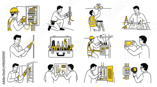 A set of illustrations depicting a construction worker in various tasks and activities