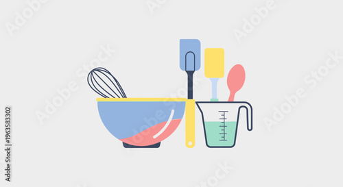 Baking Ingredients and Tools: Bowl, Whisk, Spatula, Measuring Cup, Spoon
