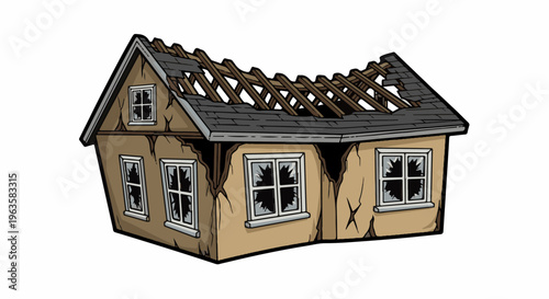 Cartoon illustration of a dilapidated house with broken windows and damaged roof