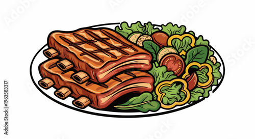 Grilled ribs with a fresh vegetable salad on a plate