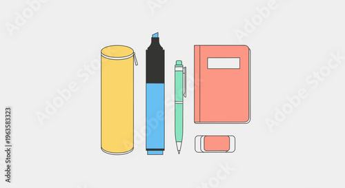 School Supplies Flat Design: Pencil Case, Marker, Pen, Notebook, Eraser
