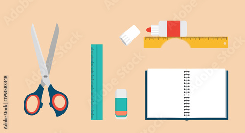 Stationery Supplies: Scissors, Rulers, Erasers, Notebook, Marker, Flat Design