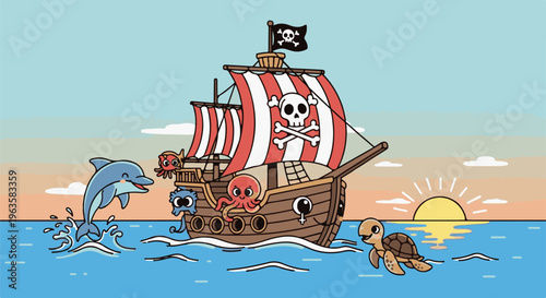 Cartoon pirate ship sailing at sunset with playful marine animals