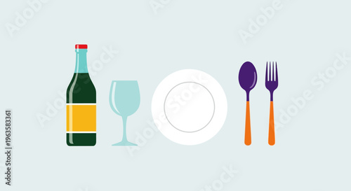 Flat illustration of wine bottle, wine glass, plate, fork and spoon on blue background