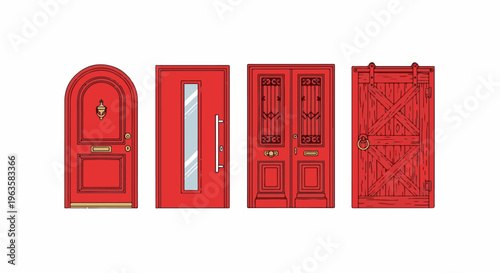 Four red doors arched, modern, ornate, and rustic barn style