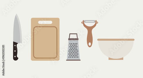 Kitchen Utensils Flat Lay: Knife, Cutting Board, Grater, Peeler, Bowl