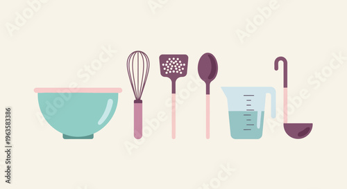 Kitchen Utensils Flat Design: Bowl, Whisk, Spatula, Spoon, Measuring Cup, Ladle
