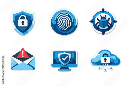 Security icons representing digital protection and cybersecurity with various symbols on a white background