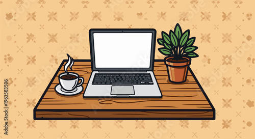 Laptop, coffee, and plant on a wooden desk with patterned background