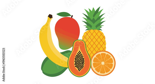 Assortment of Fresh Tropical Fruits: Banana, Mango, Pineapple, Papaya, Orange