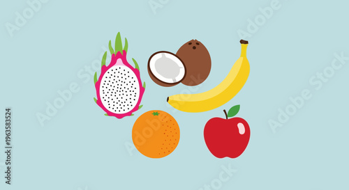 Assorted Tropical Fruits Collection: Banana, Dragon Fruit, Coconut, Orange, Apple