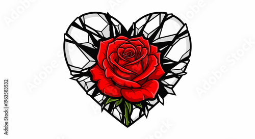 A vibrant red rose blooms within a shattered heart frame