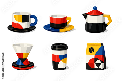 Modern coffee items with colorful designs on display for brewing and serving drinks
