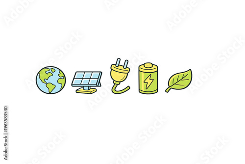 Illustration shows symbols of renewable energy sources and their impact on the environment