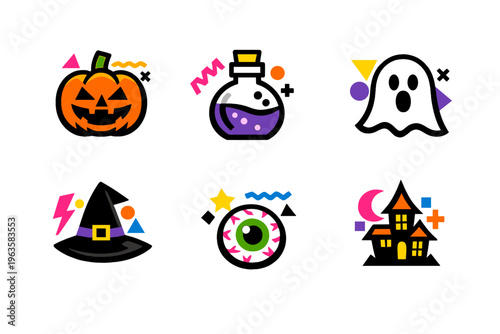 Halloween symbols and icons like pumpkin, ghost, potion, and witch hat in bright colors for seasonal themes and decorations