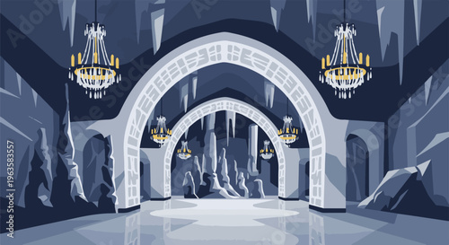 Grand, pixelated ice palace interior with chandeliers